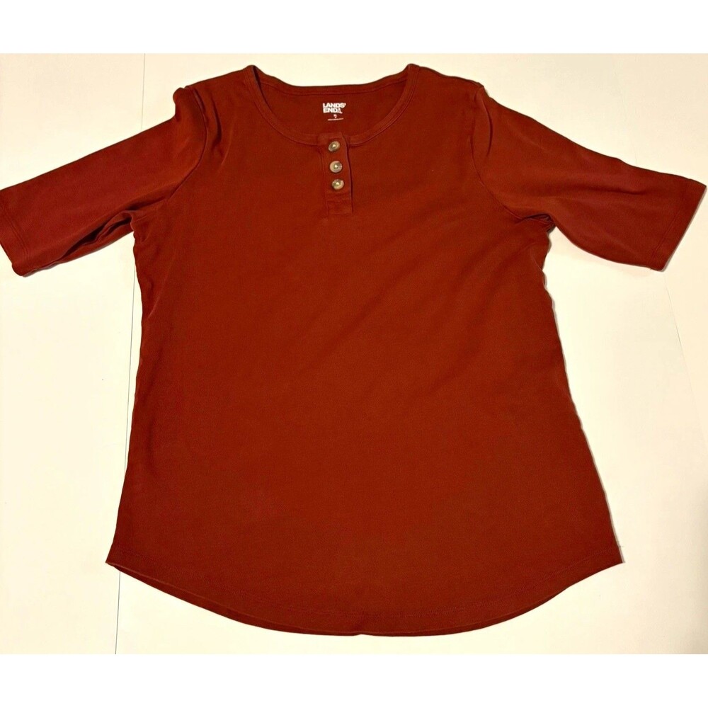 Lands' End Women’s Top XL Brown Solid Henley 3/4 Sleeve Knit Button